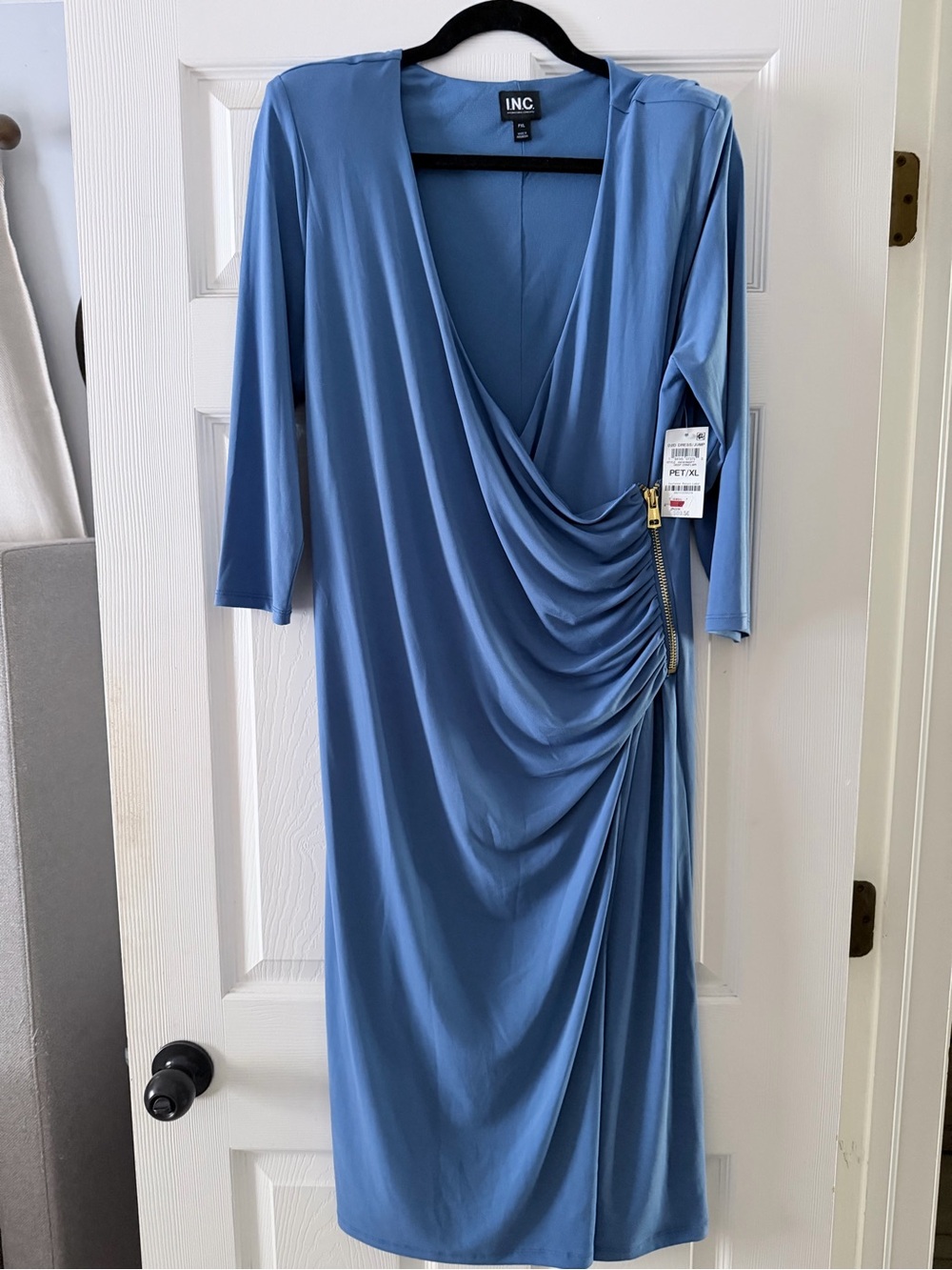 INC International Concepts Slate Blue Draped Zip-Detail Midi Dress